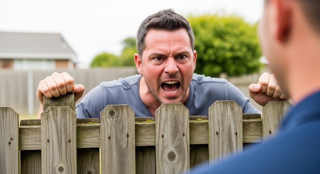 Man yelling passionately through wooden fence at backyard neighbor