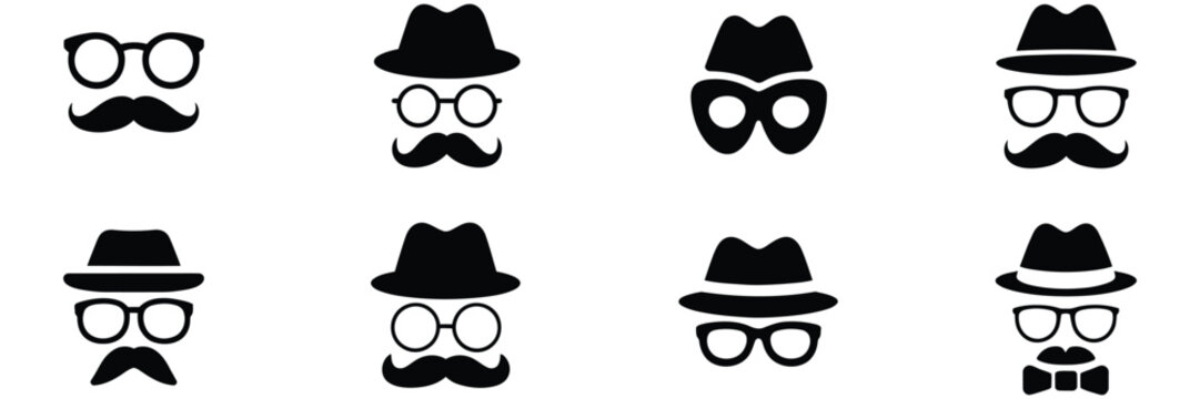 Incognito Icon Set Featuring Anonymous Spy Agent and Private Detective Characters in Disguise with Hat Glasses Mustache Security Privacy Protection Concept Design