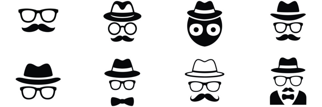 Incognito Icon Set Featuring Anonymous Spy Agent and Private Detective Characters in Disguise with Hat Glasses Mustache Security Privacy Protection Concept Design