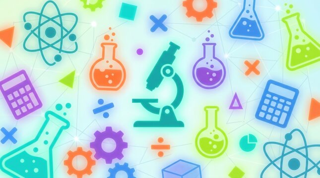 Colorful science education pattern with laboratory chemistry physics and research icons on bright background