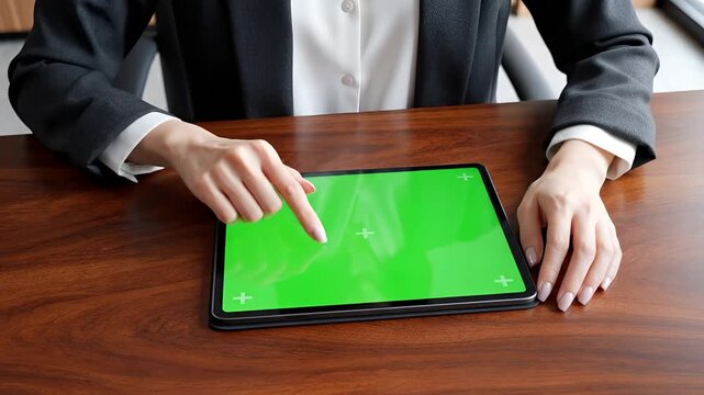 Closeup of a person in a suit using a tablet with a green screen on a wooden desk.