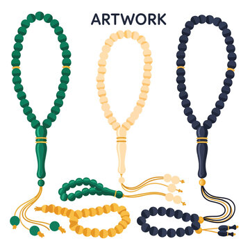 Colorful prayer beads on display.