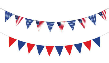Obraz premium Patriotic USA Flag Bunting Banner Vector Set – Red Blue Pennant Garland Decoration for Independence Day Celebration EPS