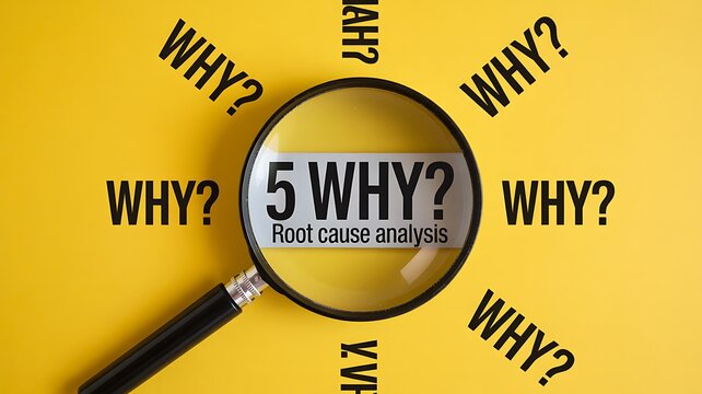 Magnifying glass on five why root cause analysis concept with question marks on yellow background
