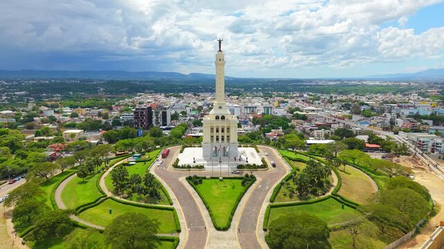 Drone aerial view of monument santiago, Dominican Republic