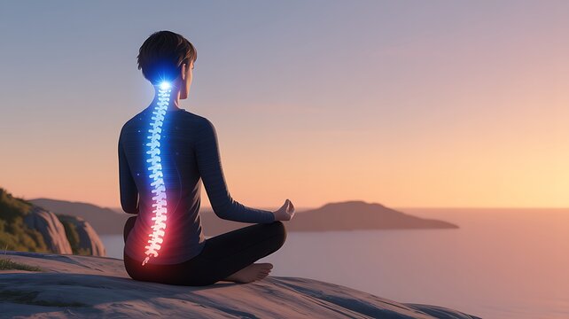 Person meditating outdoors with glowing spine at sunset wellness and back pain concept