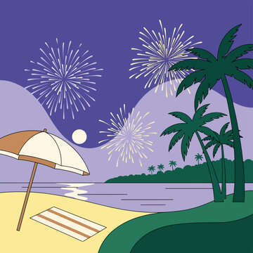 Fireworks over beach with palm trees.