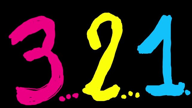Hand-drawn colorful countdown 3-2-1 doodle animation on black background
