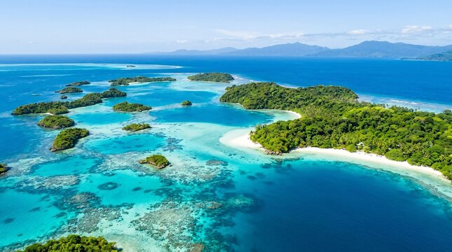 Aerial view of tropical islands and coral reefs in blue sea.