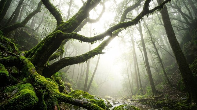 Ancient mossy forest with sunbeams and ancient trees.