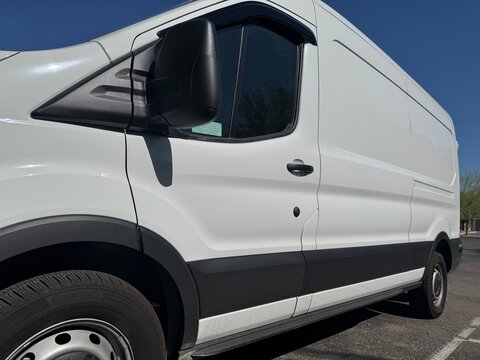 May 27, 2026 - Tucson, Arizona: 2026 Ford Transit T-250 cargo van medium roof with Oxford White paint. This is converted to live in the cargo space for van life adventures in a brand new transport