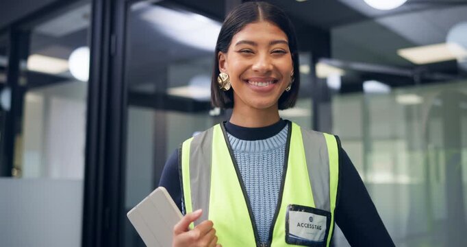 Woman, tablet and engineer on office with face, smile or confident with construction project. Person, technician or happy with tech, helmet and safety inspection with property development in Cambodia