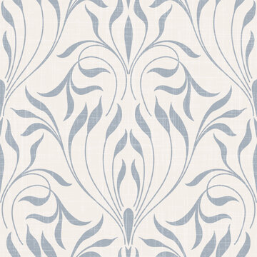 Damask modern seamless pattern element with linen texture. Vintage classical old fashioned damask ornament, seamless texture for wallpapers, textile.