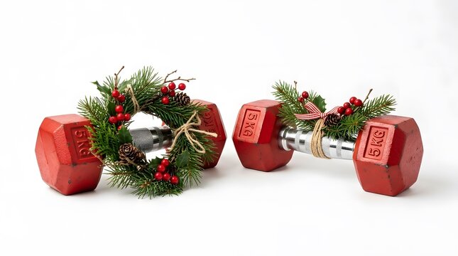 Two red 5kg dumbbells with festive Christmas wreath and natural berry decorations.