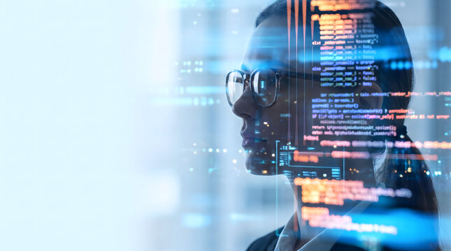 Futuristic profile portrait of a female software developer wearing glasses with glowing digital code overlay representing artificial intelligence and programming.