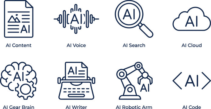 Ai content creation icons with voice search cloud gear brain typewriter robotic arm and code tag symbols.