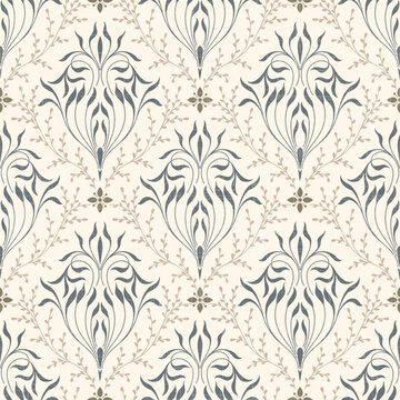 Damask modern seamless pattern element with linen texture. Vintage classical old fashioned damask ornament, seamless texture for wallpapers, textile.