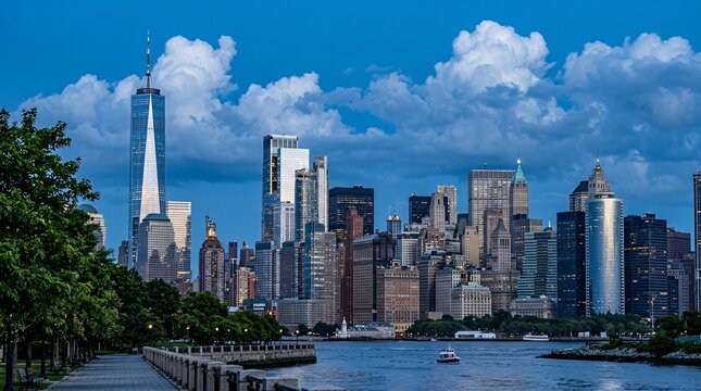 New York City skyline waterfront cityscape evening clouds.
