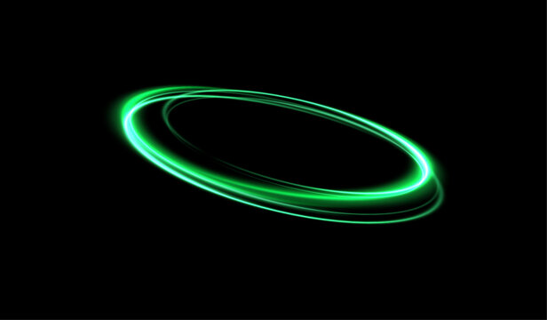 Green spiral waves. Curved, bright swirls of high-speed lines. Green light trails glide across the dark background in a smooth, undulating motion, radiating energy