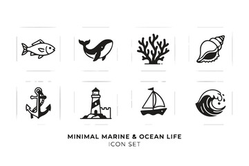 Obraz premium Minimalist marine and ocean life icon set design with nautical, lighthouse