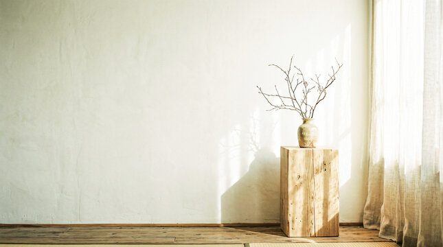 Simple room interior with dried plant on wooden stand.