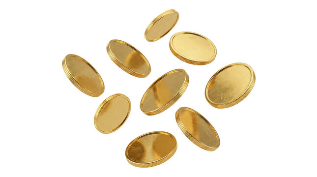 Scattered shiny gold coins in dynamic arrangement.