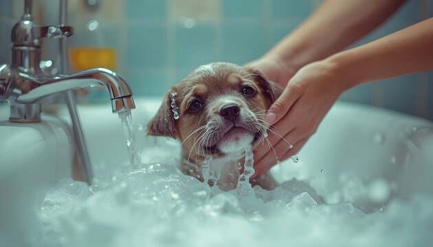Cute Puppy Getting a Bath at Home in America USA