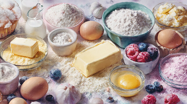 Watercolor illustration of cake ingredients in full frame composition, dense overlapping flour, eggs, butter, cream and fruits with soft pastel baking tones.