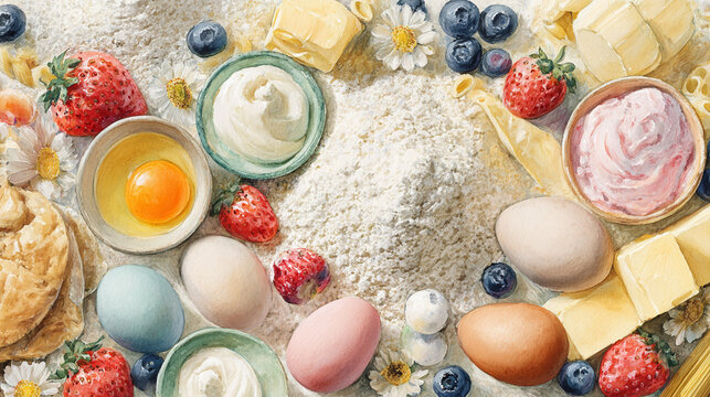 Watercolor illustration of cake ingredients in full frame composition, dense overlapping flour, eggs, butter, cream and fruits with soft pastel baking tones.