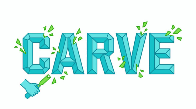 Vector illustration of the word CARVE being chiseled out of cyan stone with green shards flying off in a flat graphic design style on white