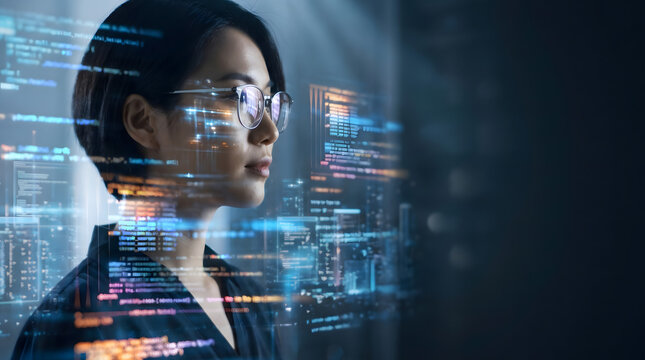 Futuristic portrait of a female software developer wearing glasses looking at a glowing digital programming code overlay