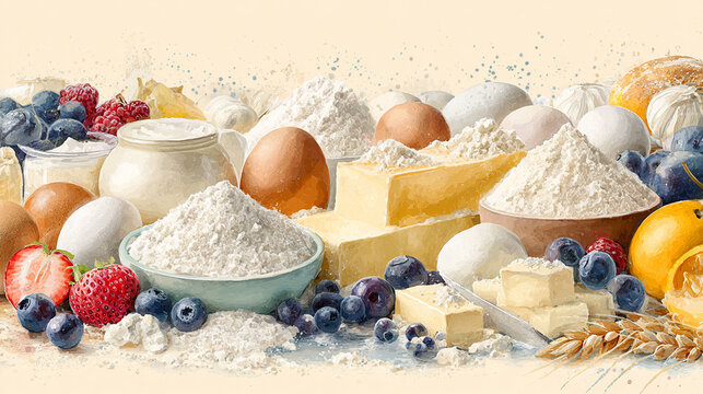 Watercolor illustration of cake ingredients in full frame composition, dense overlapping flour, eggs, butter, cream and fruits with soft pastel baking tones.