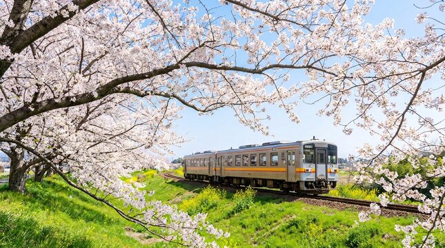 Train passing through cherry blossoms in full bloom.
