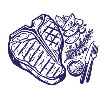 Illustration of a grilled t-bone steak dinner with potato wedges rosemary seasoning served with cutlery in an engraved line art drawing style t bone rosemary