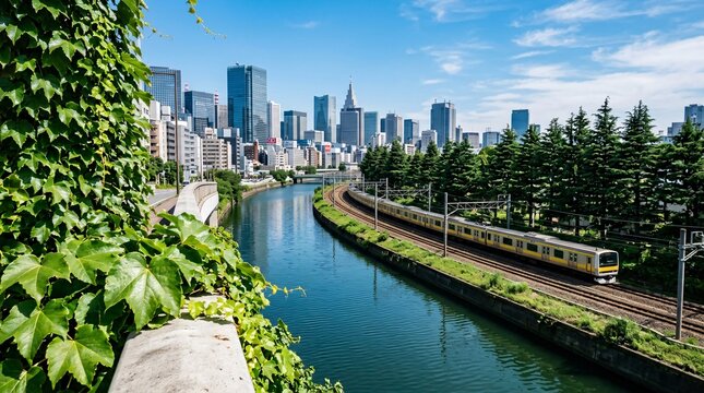 Train traveling along river with city skyline background.