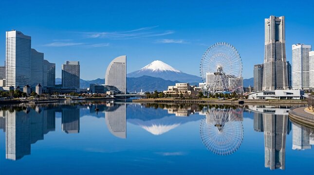 Yokohama cityscape with Mount Fuji and bay reflection.