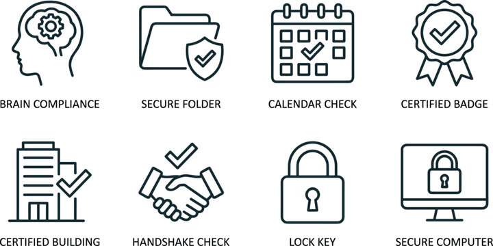 Business and data security line icons including brain compliance secure folder calendar check and certified.