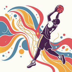 Basketball player jumping for slam dunk with colorful flowing abstract wave design, basketball © Forget