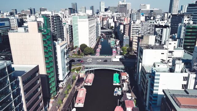 Kanda River Asakusa Tokyo skyline aerial view on sunny day urban landscape