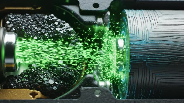 Closeup of mechanical components with glowing green particles highlighting vibrant colors and contemporary design
