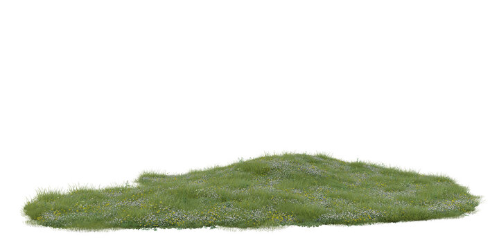Grass patch terrain isolated on transparent background. 3D rendering.