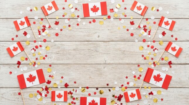 Canada flags and confetti on wooden planks
