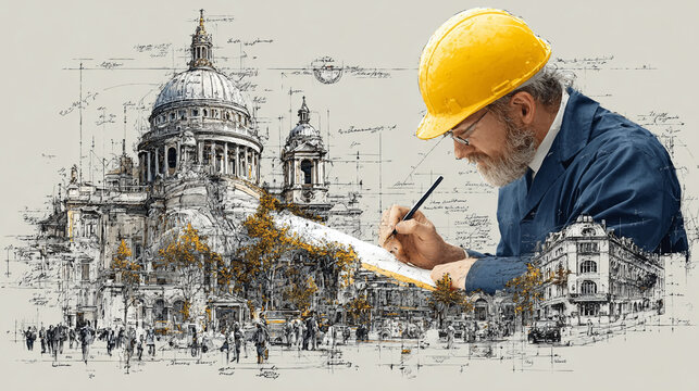 Architect Sketching Cathedral Blueprint Concept Drawing with Yellow Safety Helmet