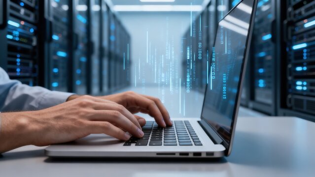 Person typing on laptop in server room