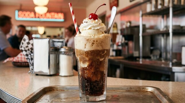 Ice cream soda with whipped cream and cherry on counter perfect for National Ice Cream Soda Day