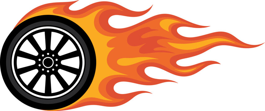 sports car alloy wheel with fire effects silhouette vector art illustration., wheel with fire, Wheel On Fire Illustration, Vector collection of high speed racing car wheels with burning flames.
