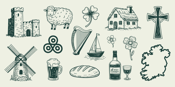 Set of hand drawn irish cultural symbols and landmarks outline sketch vector illustration, Collection of Irish cultural symbols and mythical creatures in black and white, Vector illustration