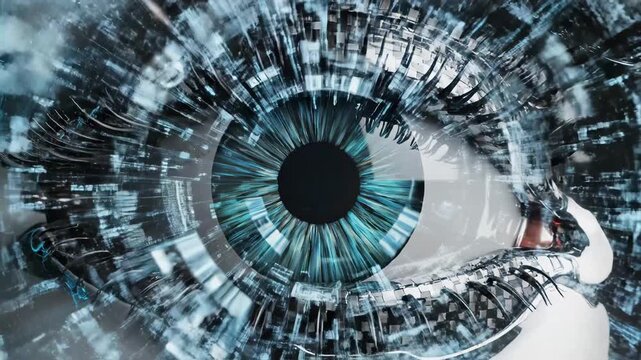 Closeup of a futuristic robotic eye symbolizing digital transformation and future innovation