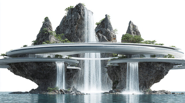 Futuristic Architectural Bridge Complex on Floating Rock Mountains with Waterfalls Isolated on White