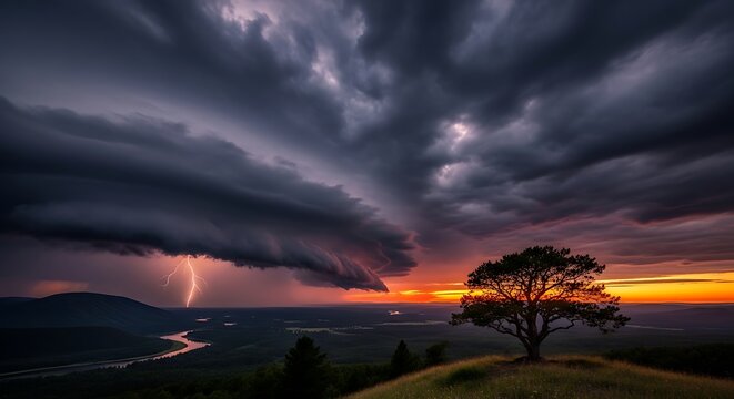 Dramatic storm clouds with lightning over sunset landscape